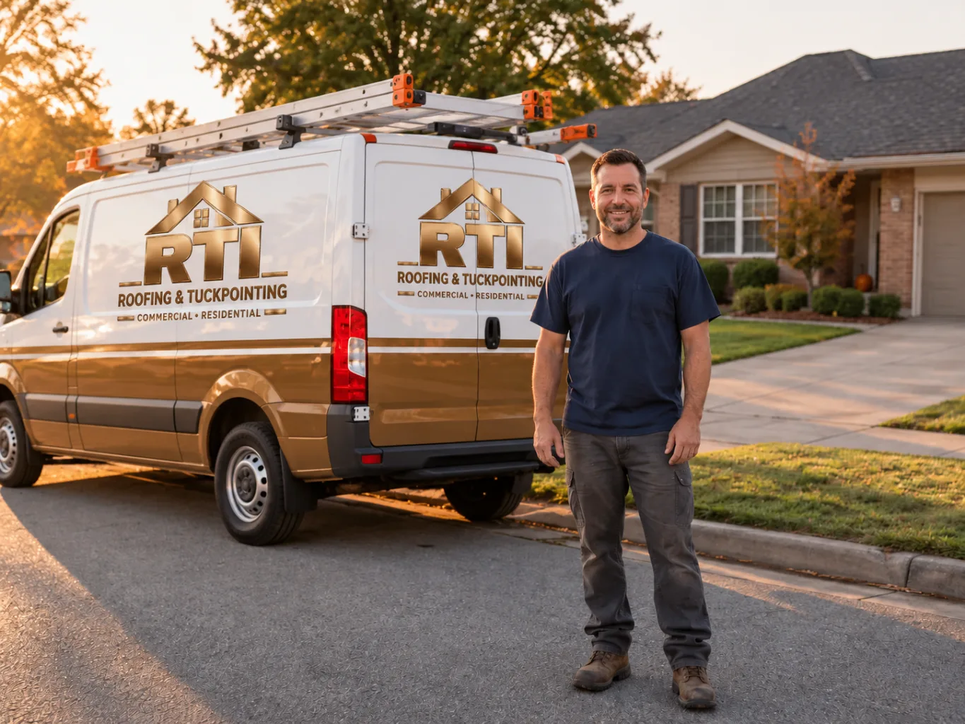 The owner of RTI Roofing & Tuckpointing standing beside a navy service van outside a home in Highland