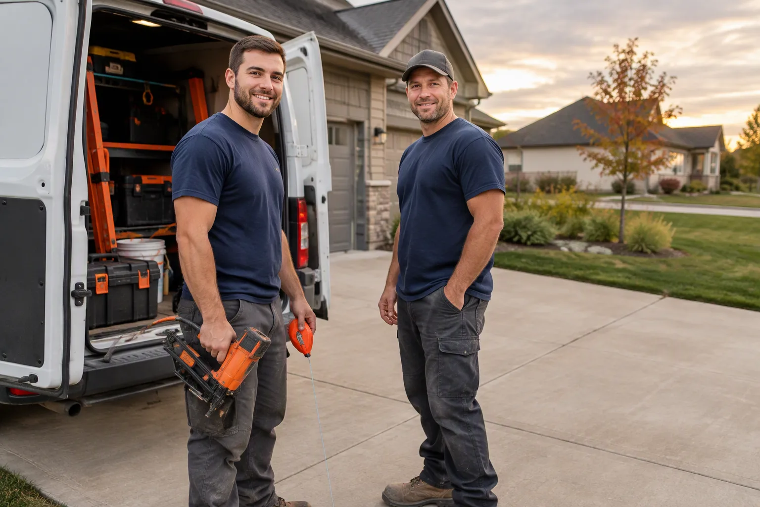 The RTI Roofing & Tuckpointing team standing together outside a home in Highland with their service van