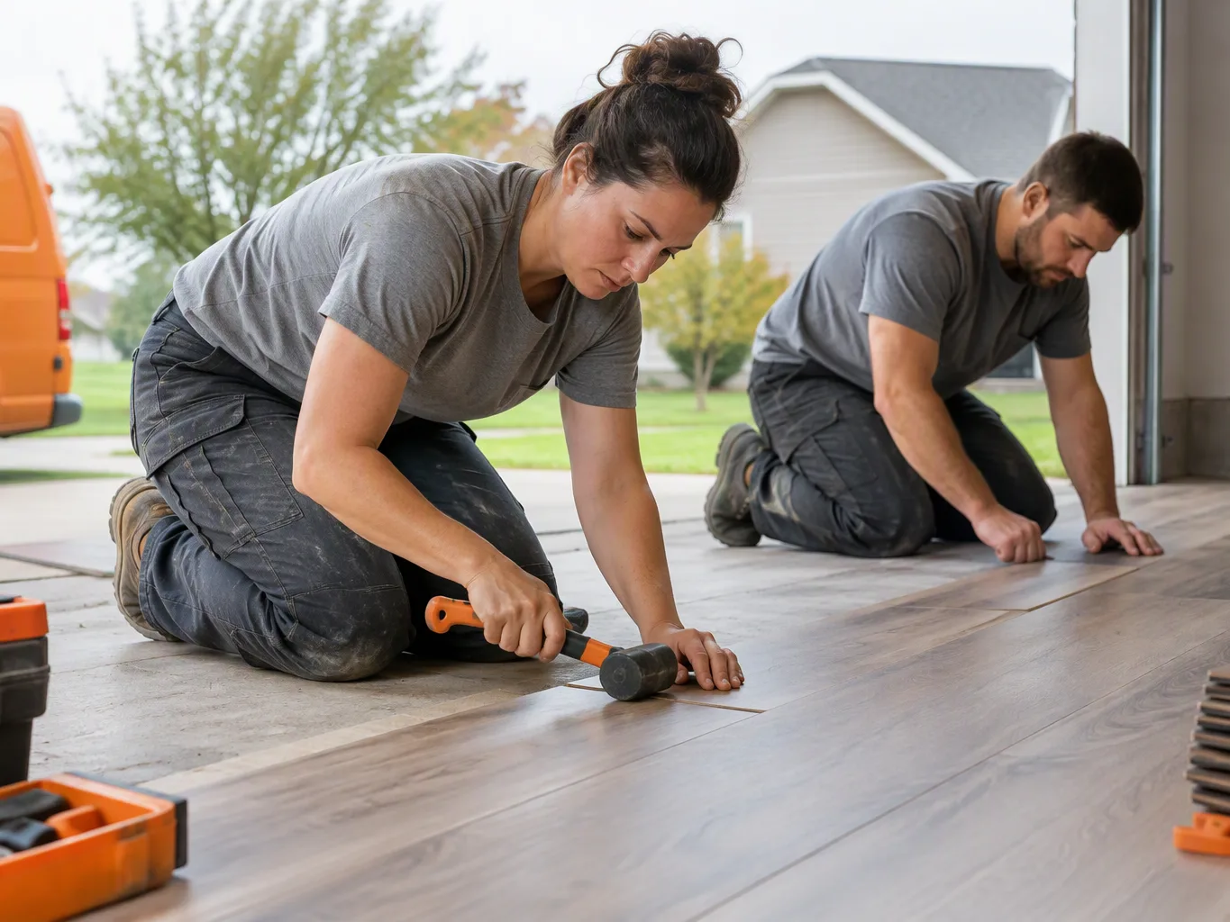 A roofer working on a residential flooring job — mid-task, hands, tools and the work itself in sharp focus, the rest of the space softly out of focus