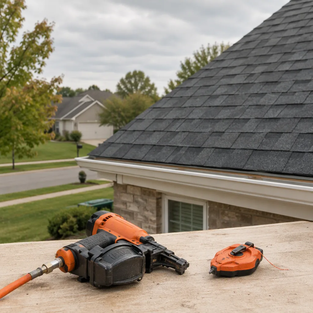 A set of tools — a nail gun and chalk line — laid down on a clean surface beside the roofing work they have just finished, everything tidy and put away