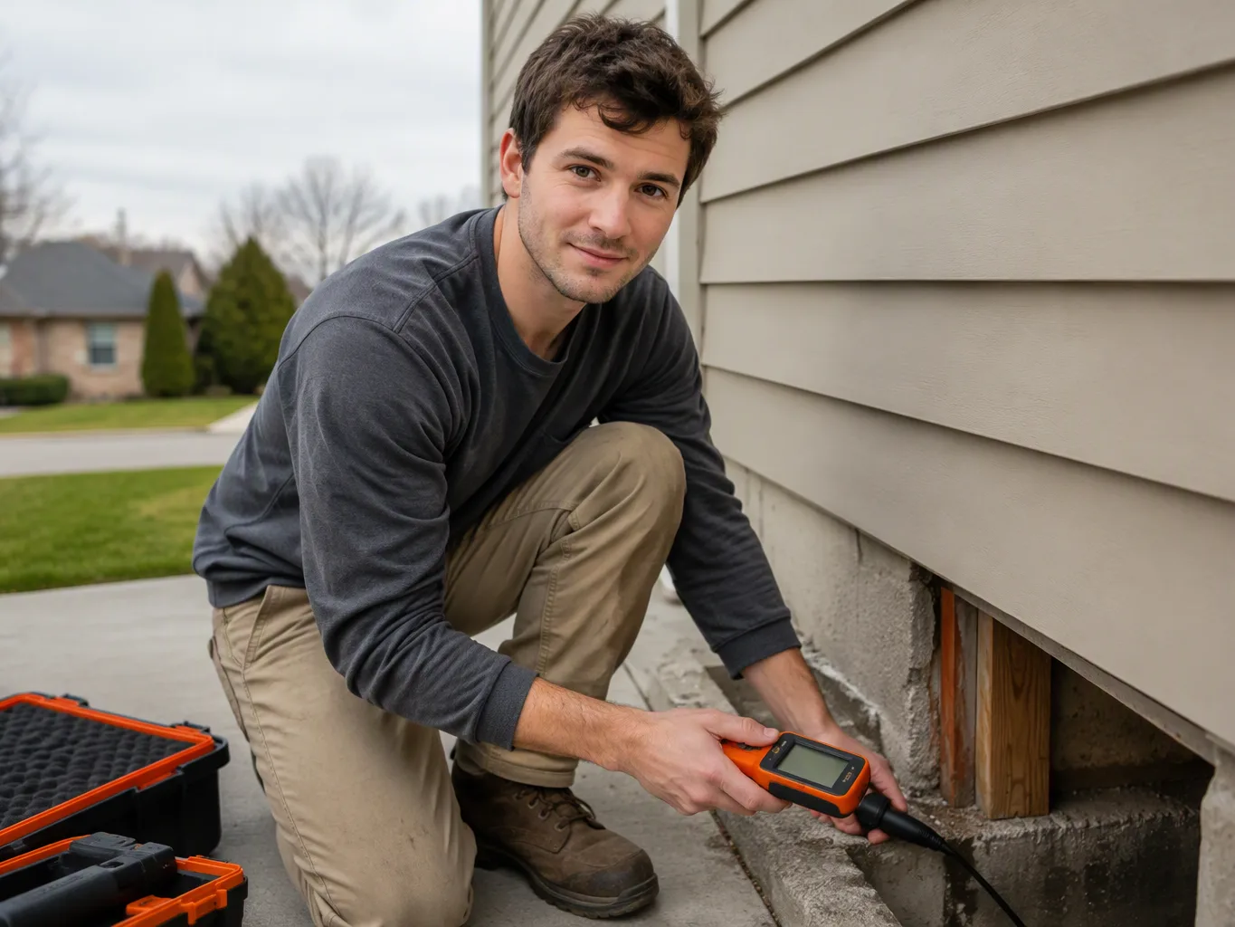 A roofer working on a residential mold inspection & testing job — mid-task, hands, tools and the work itself in sharp focus, the rest of the space softly out of focus