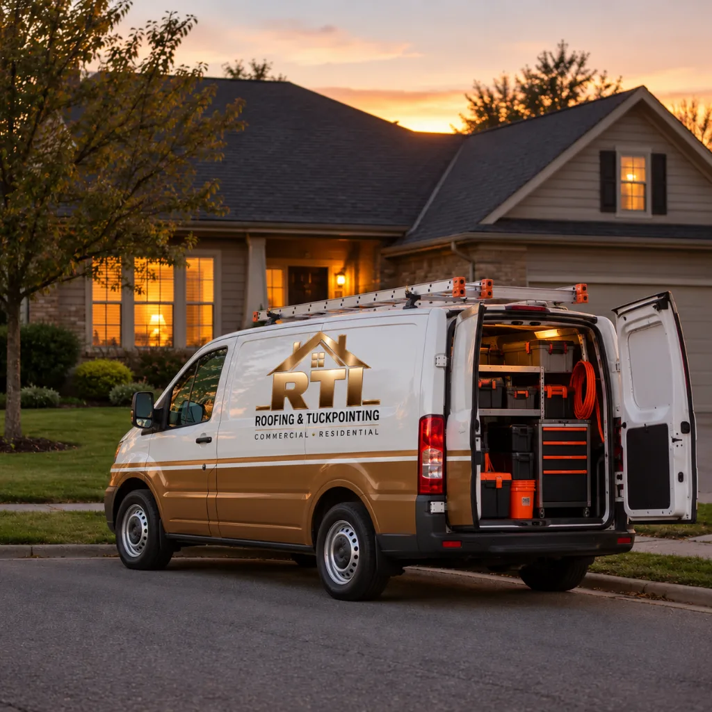 A van packed up at dusk at the kerb outside a suburban home with its windows warmly lit, the last of the light behind the roofline