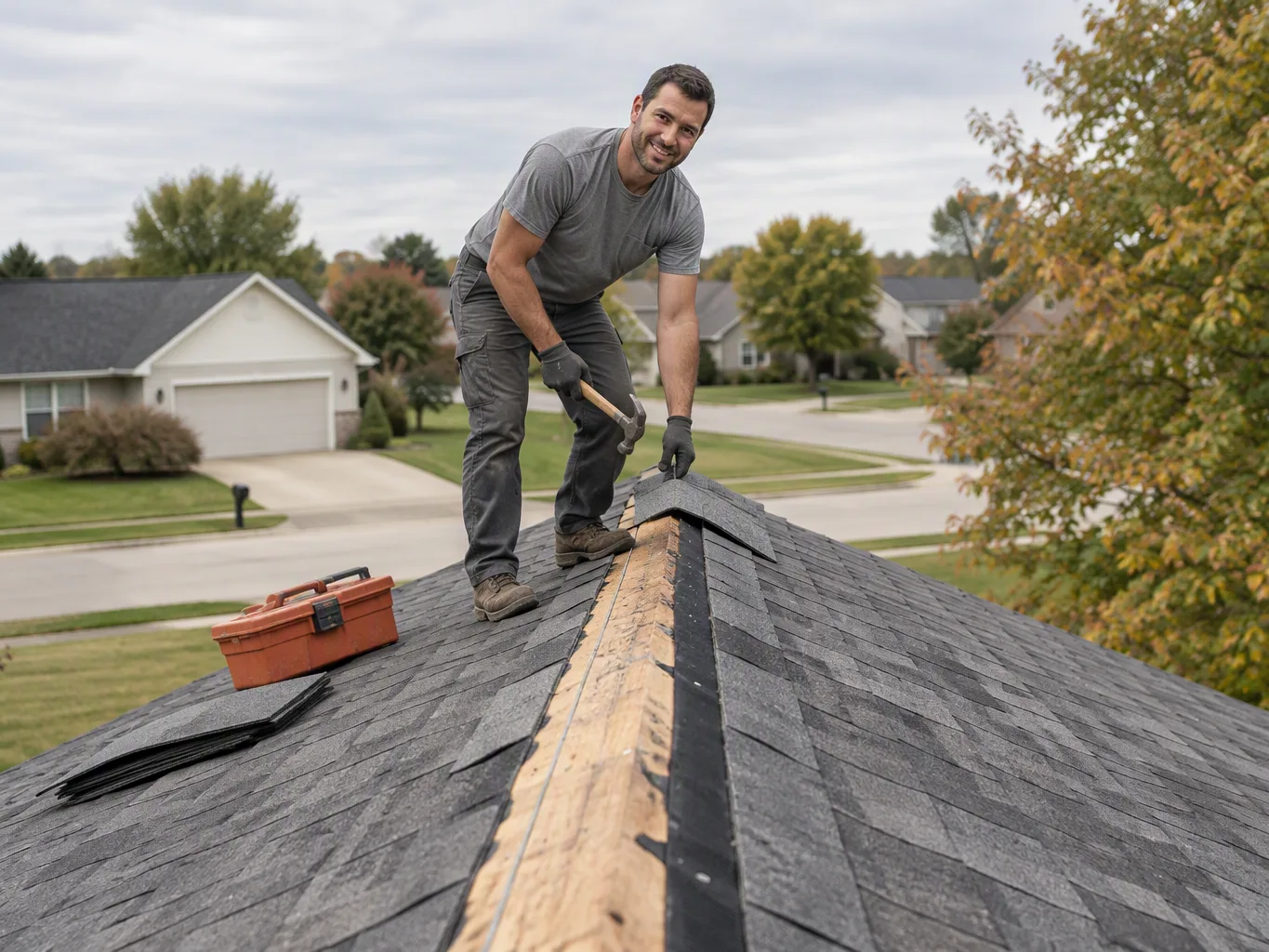 A roofer working on a residential roof repairs job — mid-task, hands, tools and the work itself in sharp focus, the rest of the space softly out of focus