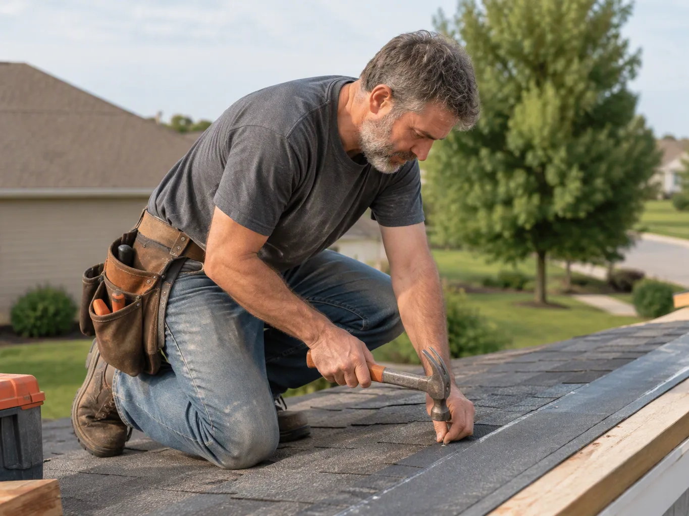 A roofer working on a residential roofing job — mid-task, hands, tools and the work itself in sharp focus, the rest of the space softly out of focus