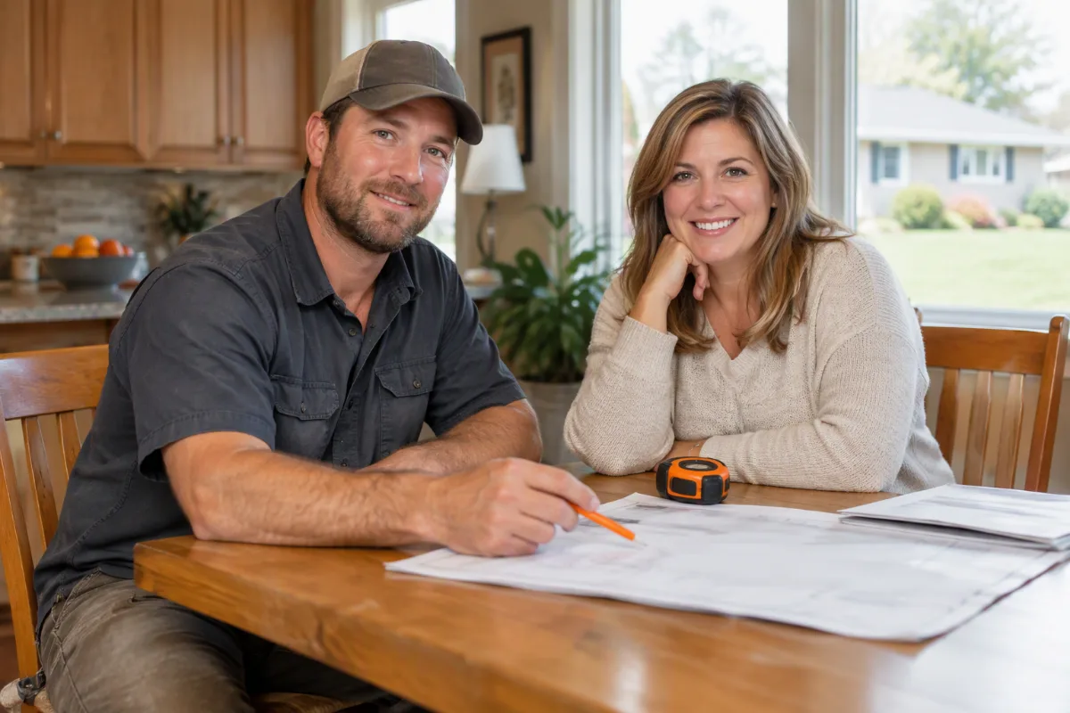A homeowner and a roofer reviewing plans together at a kitchen table, paperwork and a tape measure between them, both engaged in the conversation