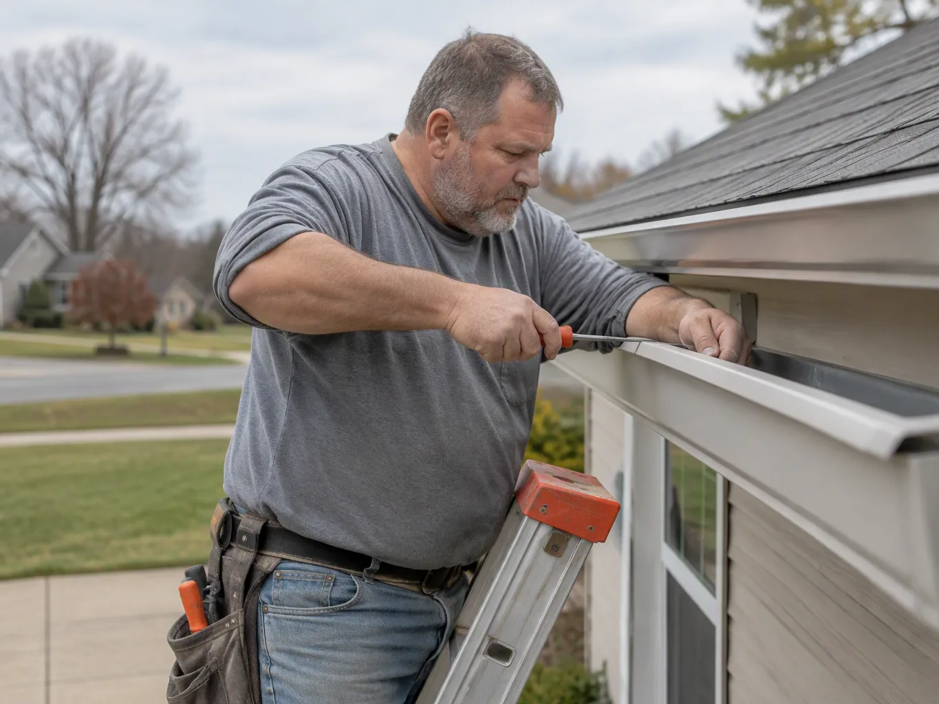 A roofer working on a residential gutters job — mid-task, hands, tools and the work itself in sharp focus, the rest of the space softly out of focus