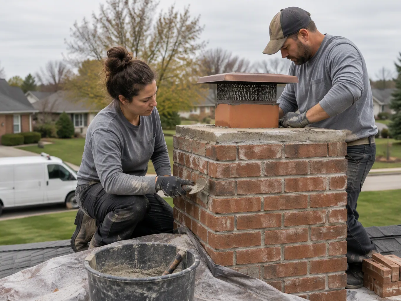 A roofer working on a residential chimney repairs job — mid-task, hands, tools and the work itself in sharp focus, the rest of the space softly out of focus