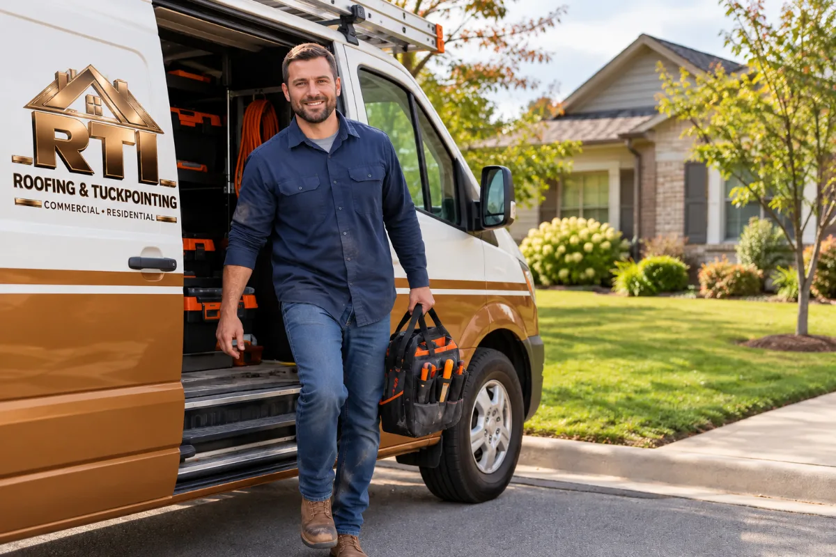 A navy service van arriving outside a well-kept suburban home, a roofer stepping out with a tool bag