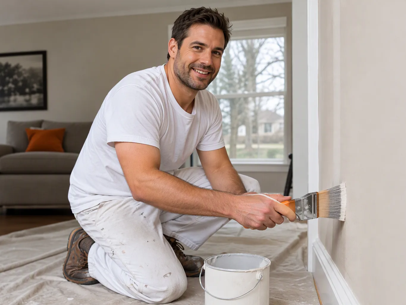 A roofer working on a residential interior painting job — mid-task, hands, tools and the work itself in sharp focus, the rest of the space softly out of focus