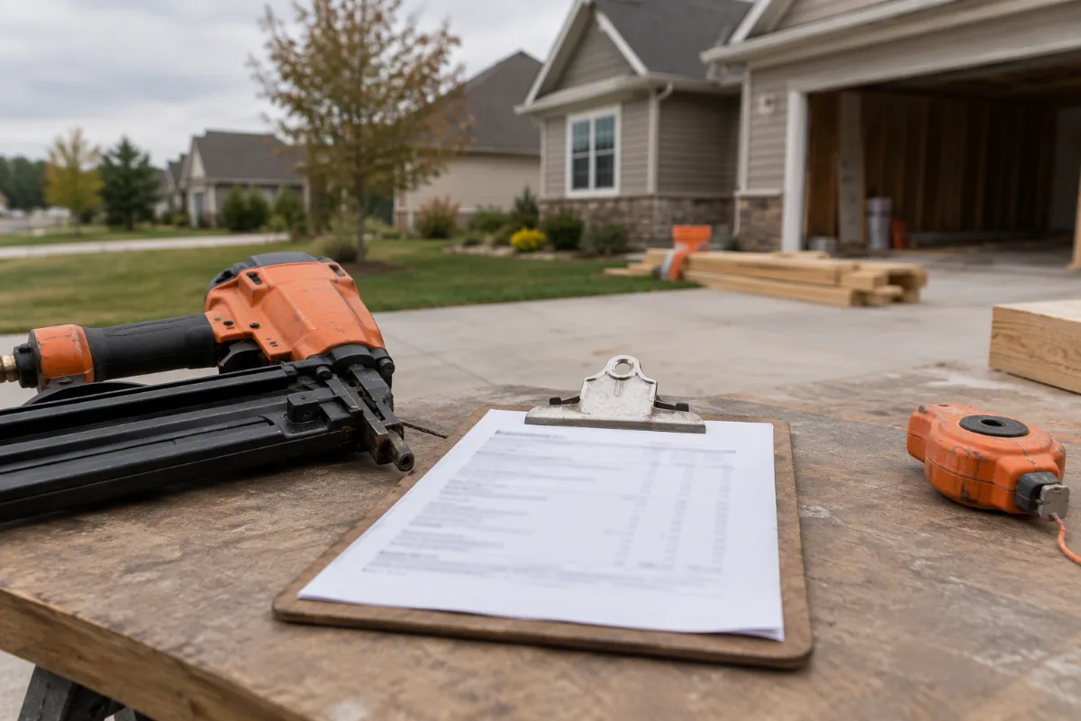 A clipboard with an out-of-focus, unreadable estimate resting on a work surface beside a nail gun and chalk line, a residential job softly blurred behind it