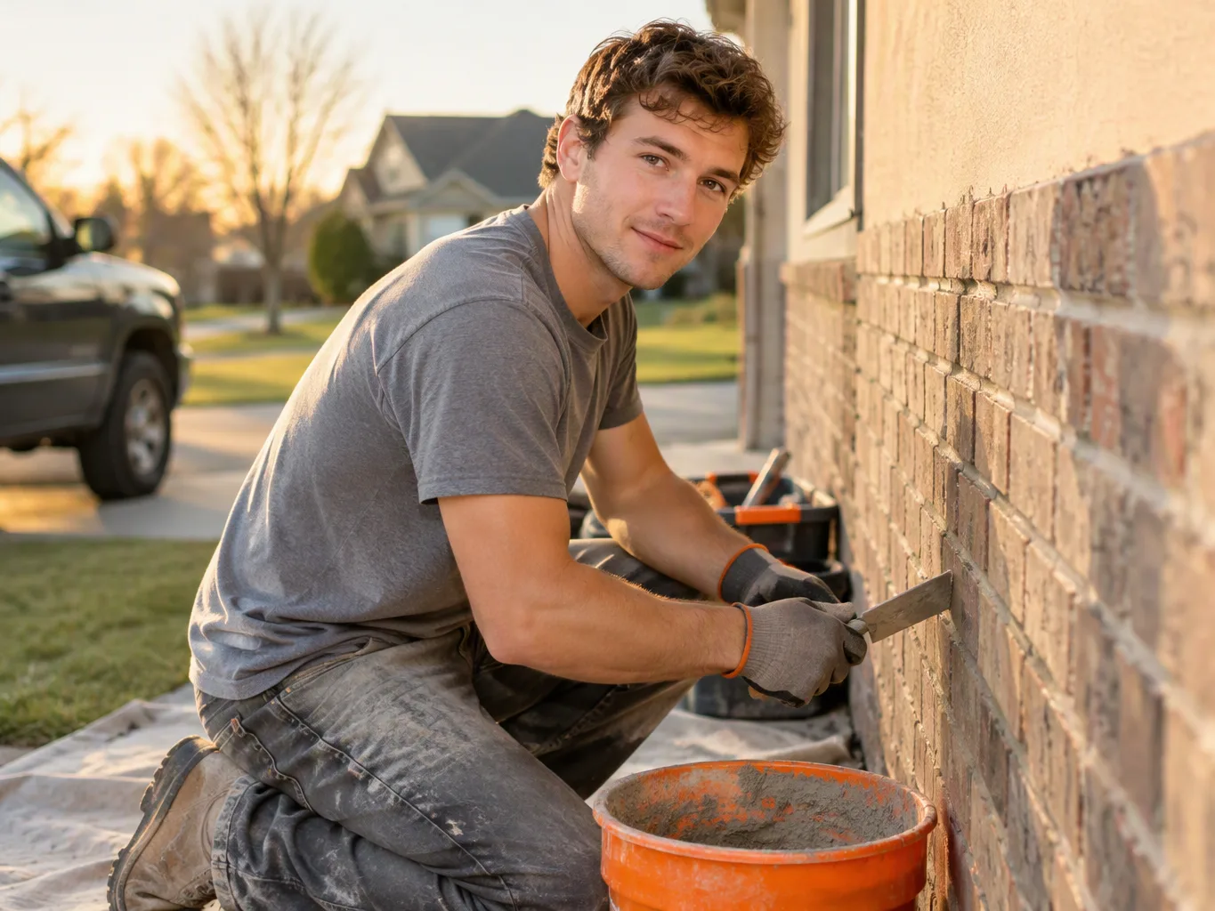 A roofer working on a residential tuck pointing job — mid-task, hands, tools and the work itself in sharp focus, the rest of the space softly out of focus
