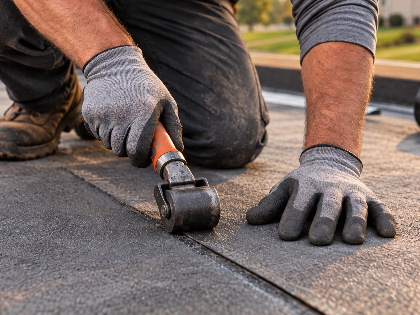 A roofer working on a residential commercial flat roofs job — mid-task, hands, tools and the work itself in sharp focus, the rest of the space softly out of focus