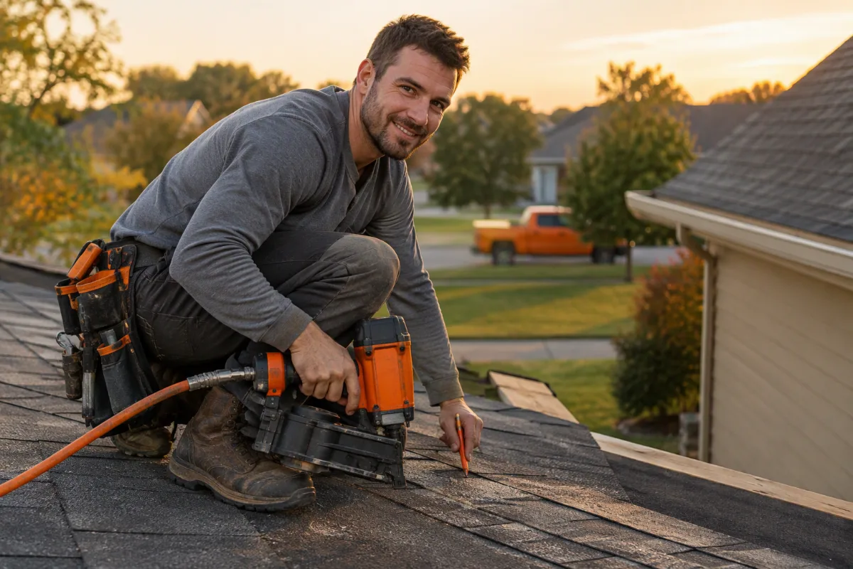 A roofer inspecting the trouble spot on a residential roofing job, crouched close to the work with a nail gun and chalk line in hand, natural side light raking across the surface