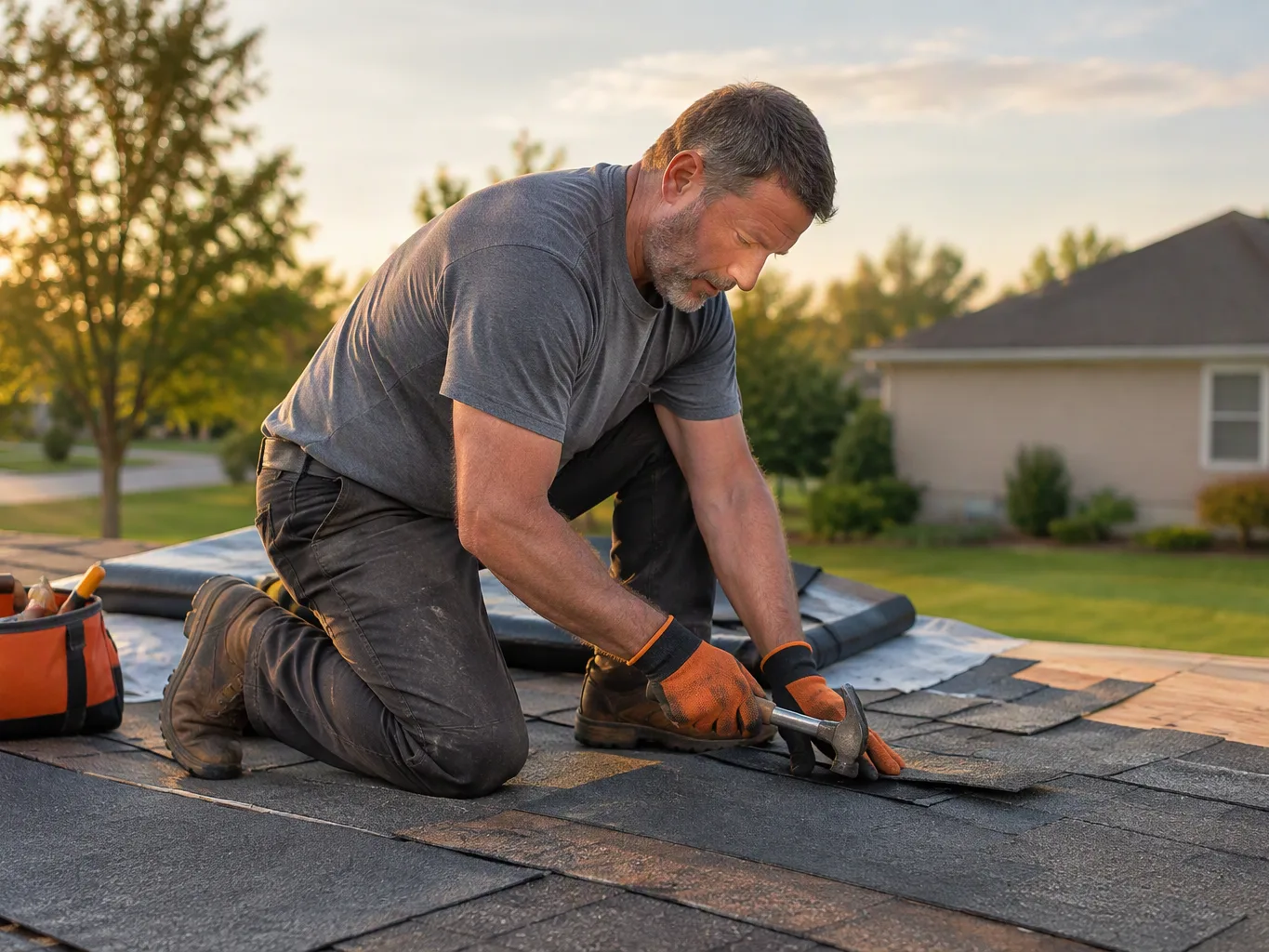 A roofer working on a residential emergency roof repair job — mid-task, hands, tools and the work itself in sharp focus, the rest of the space softly out of focus