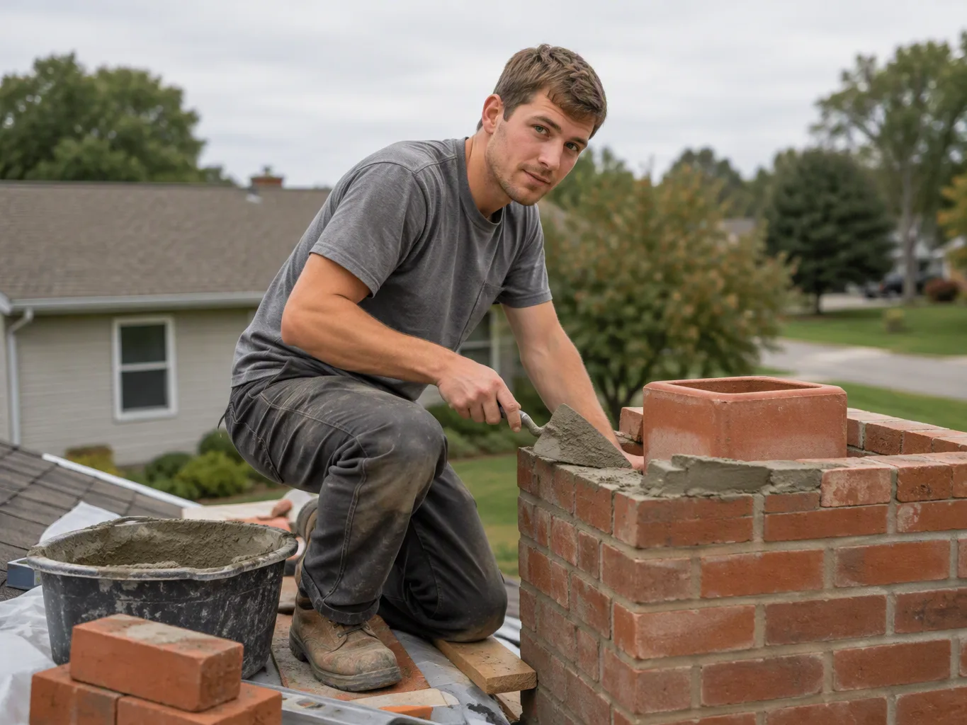 A roofer working on a residential chimney rebuilds job — mid-task, hands, tools and the work itself in sharp focus, the rest of the space softly out of focus