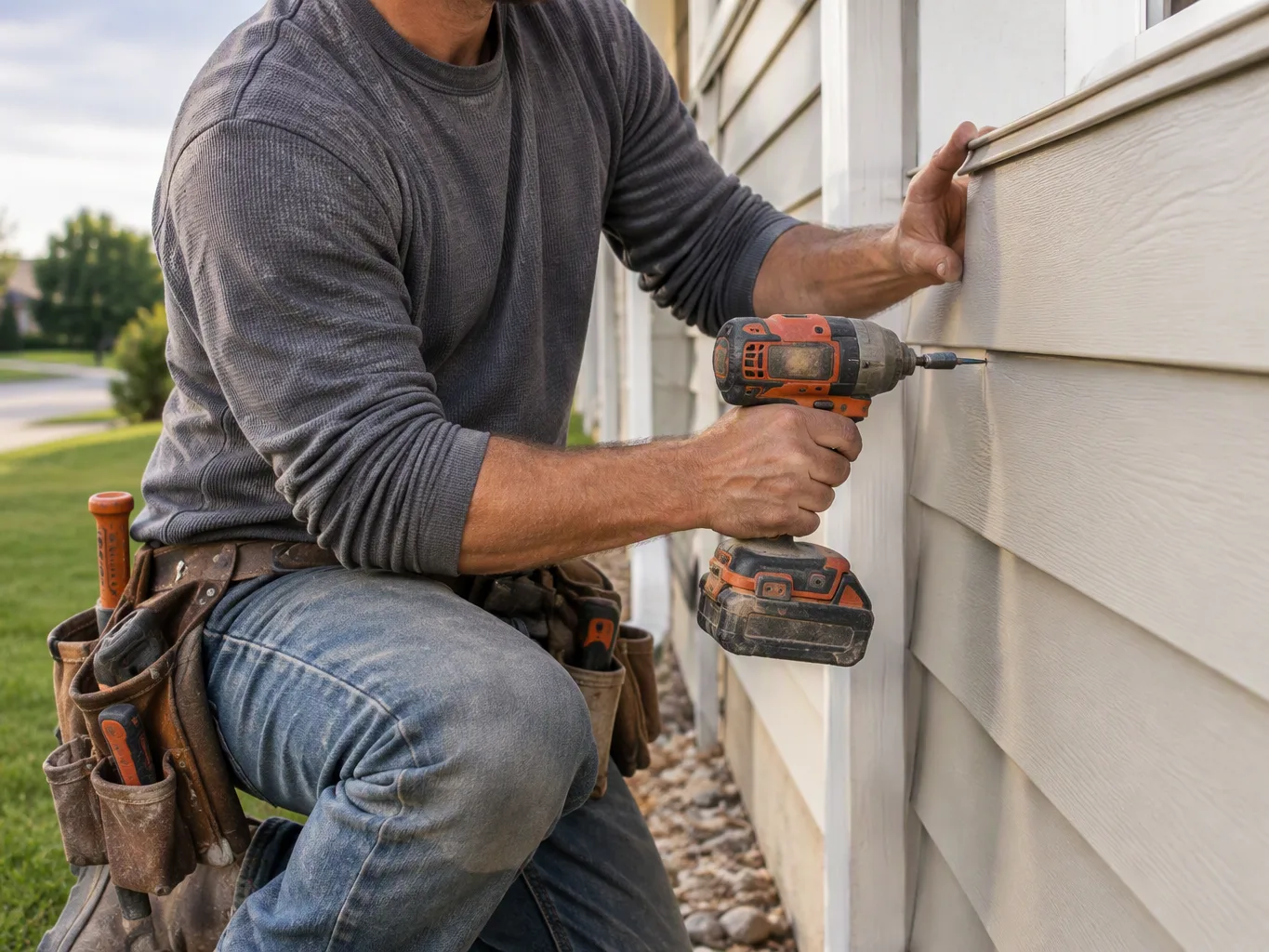 A roofer working on a residential siding job — mid-task, hands, tools and the work itself in sharp focus, the rest of the space softly out of focus