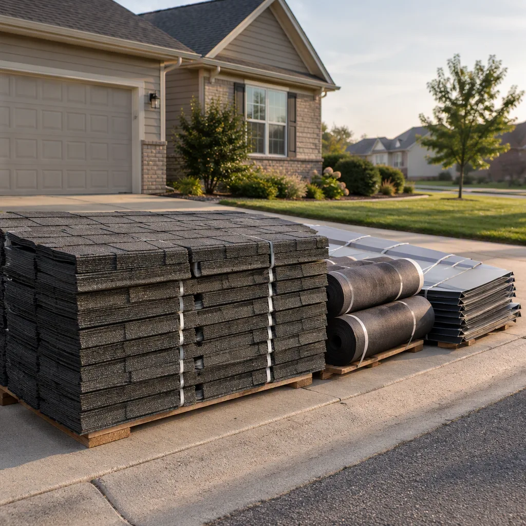 A delivery of bundles of shingles, underlayment and flashing stacked neatly at the kerb outside a suburban home, ready for the day