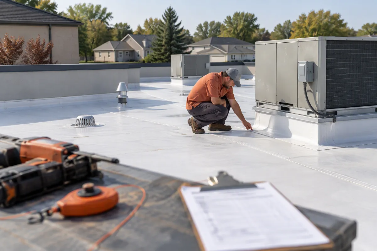 A clipboard with an out-of-focus, unreadable estimate resting on a work surface beside a nail gun and chalk line, a residential job softly blurred behind it