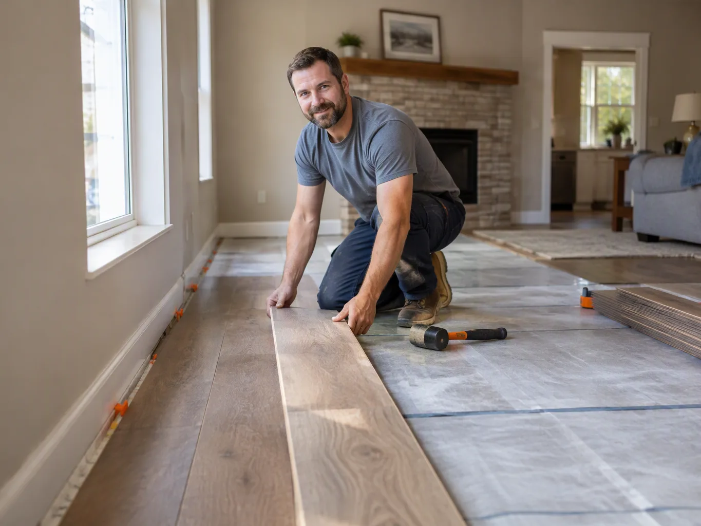 A roofer working on a residential interior remodeling job — mid-task, hands, tools and the work itself in sharp focus, the rest of the space softly out of focus