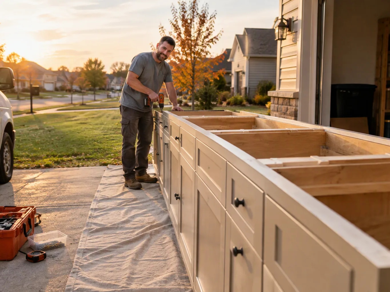 A roofer working on a residential cabinet installation job — mid-task, hands, tools and the work itself in sharp focus, the rest of the space softly out of focus