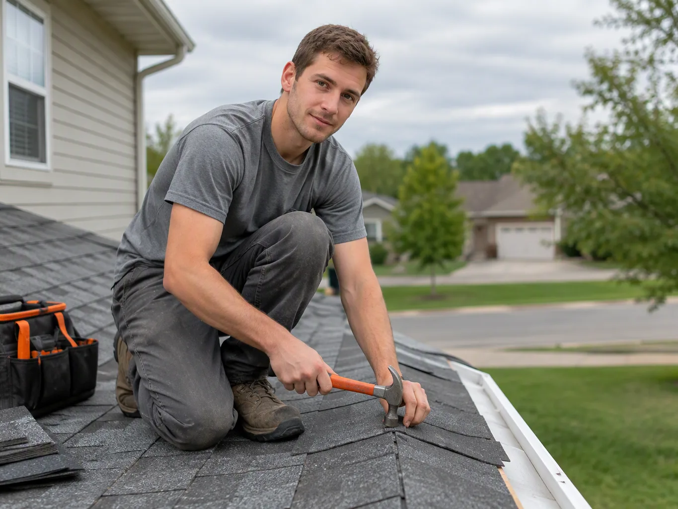 A roofer working on a residential storm damage repair job — mid-task, hands, tools and the work itself in sharp focus, the rest of the space softly out of focus