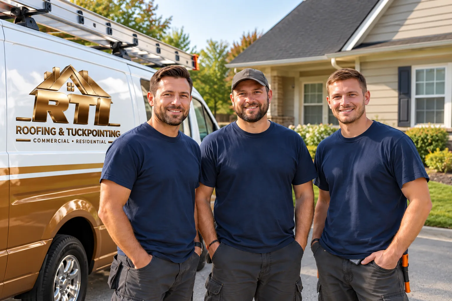 A small team of roofing technicians in plain navy work shirts standing together outside a well-kept suburban home, relaxed and not posed, one navy service van visible just behind them