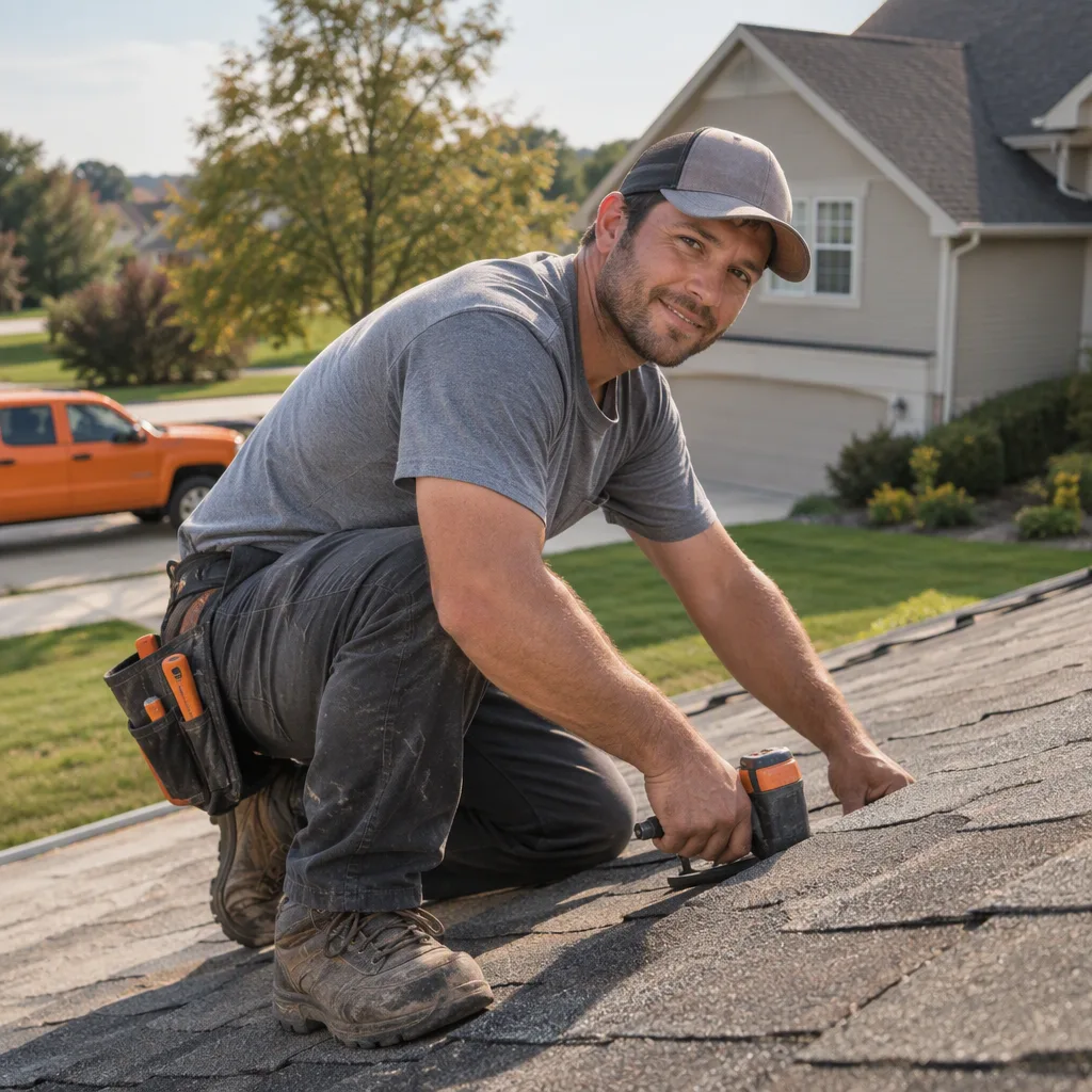 A roofer mid-job at a residential site, caught rather than posed, the kind of everyday moment a small company posts from a phone