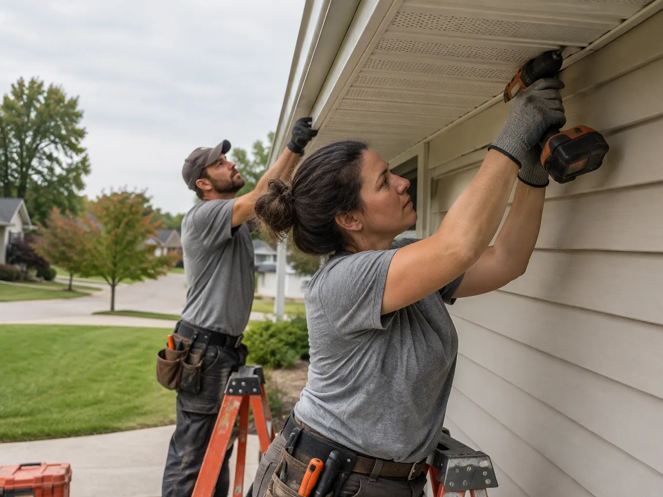 A roofer working on a residential soffit job — mid-task, hands, tools and the work itself in sharp focus, the rest of the space softly out of focus