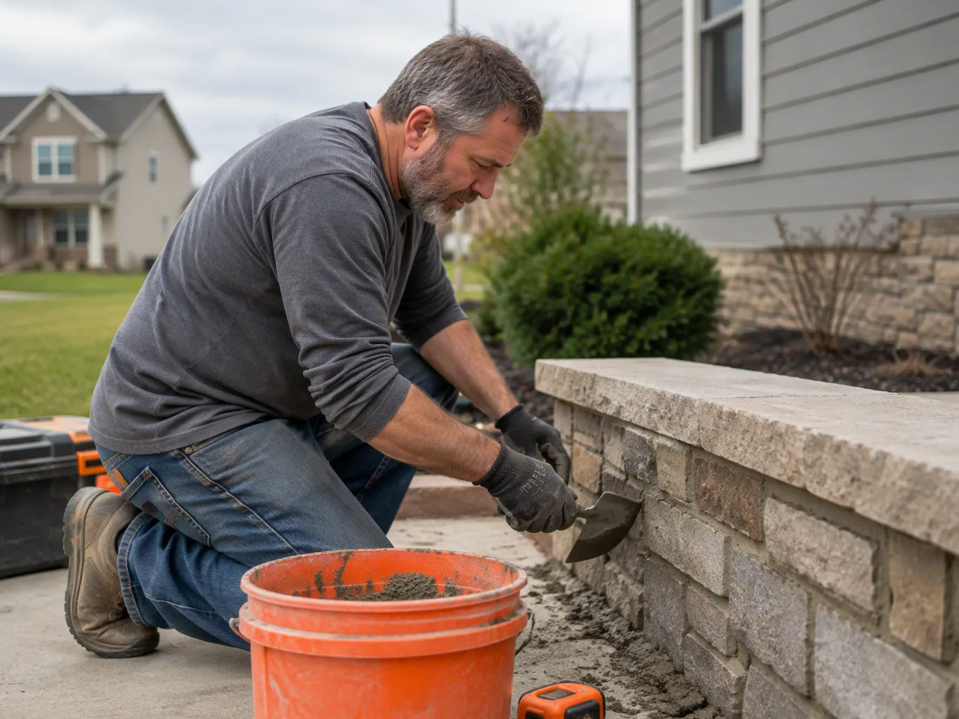A roofer working on a residential masonry job — mid-task, hands, tools and the work itself in sharp focus, the rest of the space softly out of focus