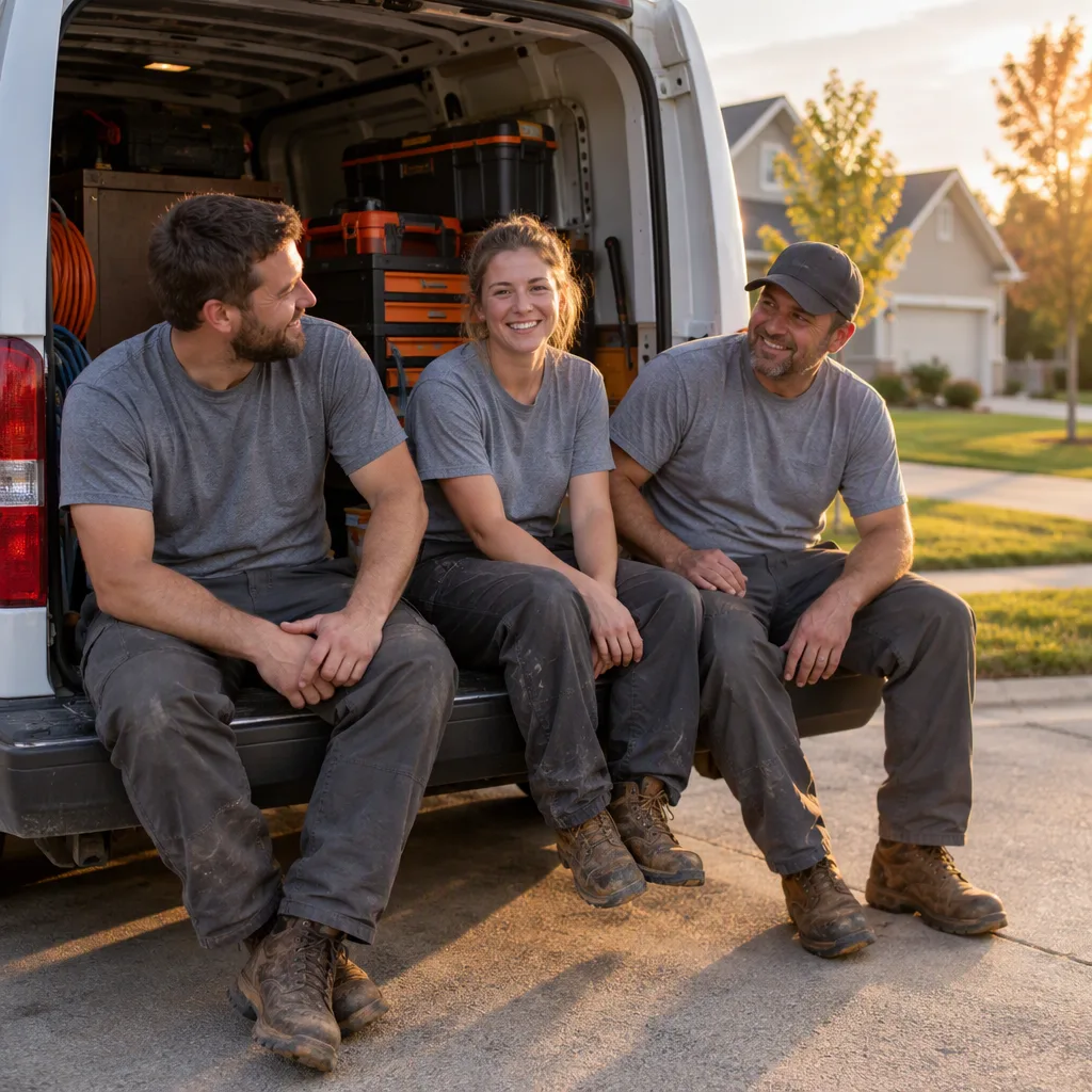 A small crew sitting on the open tailgate of a van at the end of a job, relaxed and talking, tools packed away behind them