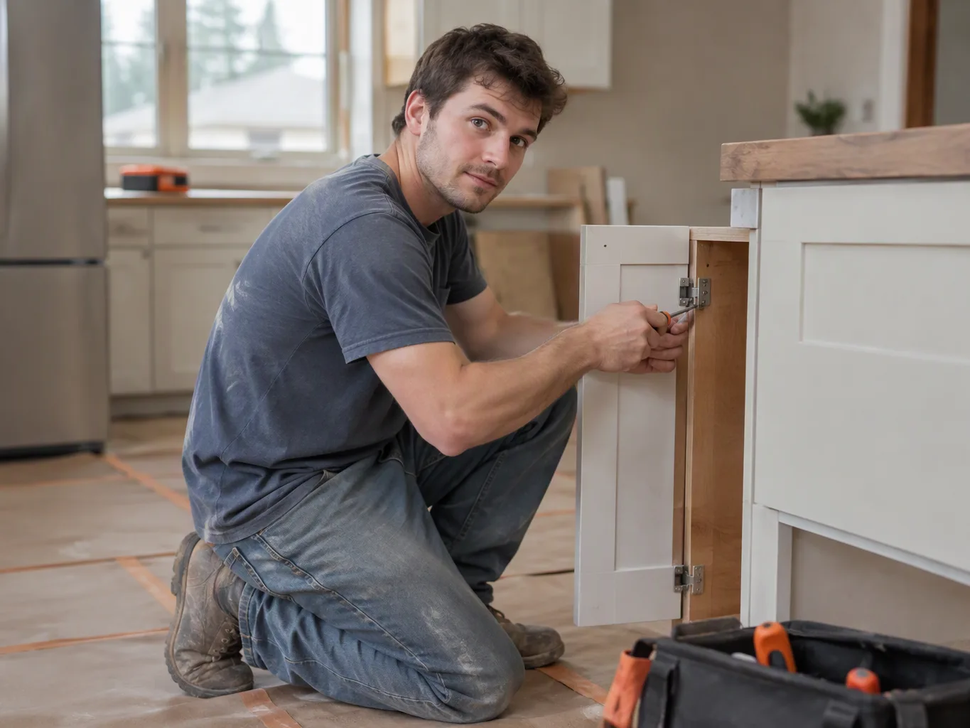 A roofer working on a residential kitchen remodeling job — mid-task, hands, tools and the work itself in sharp focus, the rest of the space softly out of focus